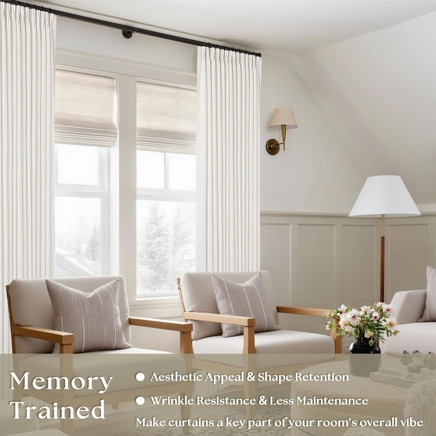Beige White Linen Curtains Pinch Pleated 84 Inches Long for Living Room Bedroom Pleat with Rings Back Tab Semi Sheer Curtains 84 Inch Length 2 Panels Set Light Filtering Farmhouse Drapes - Image 2