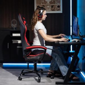 Gaming Chair Leather Ergonomic Computer Chair for Adults – High Back, Headrest, Massage Lumbar Support, Height Adjustbale Seat – Desk Video Game Chair for Home and Office, Red