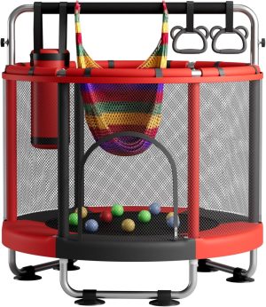 55″ Trampoline for Kids with Enclosure, 440lbs Capacity Indoor & Outdoor Toddler Trampoline with Adjustable Gymnastics Bar & Toys, for Boys & Girls