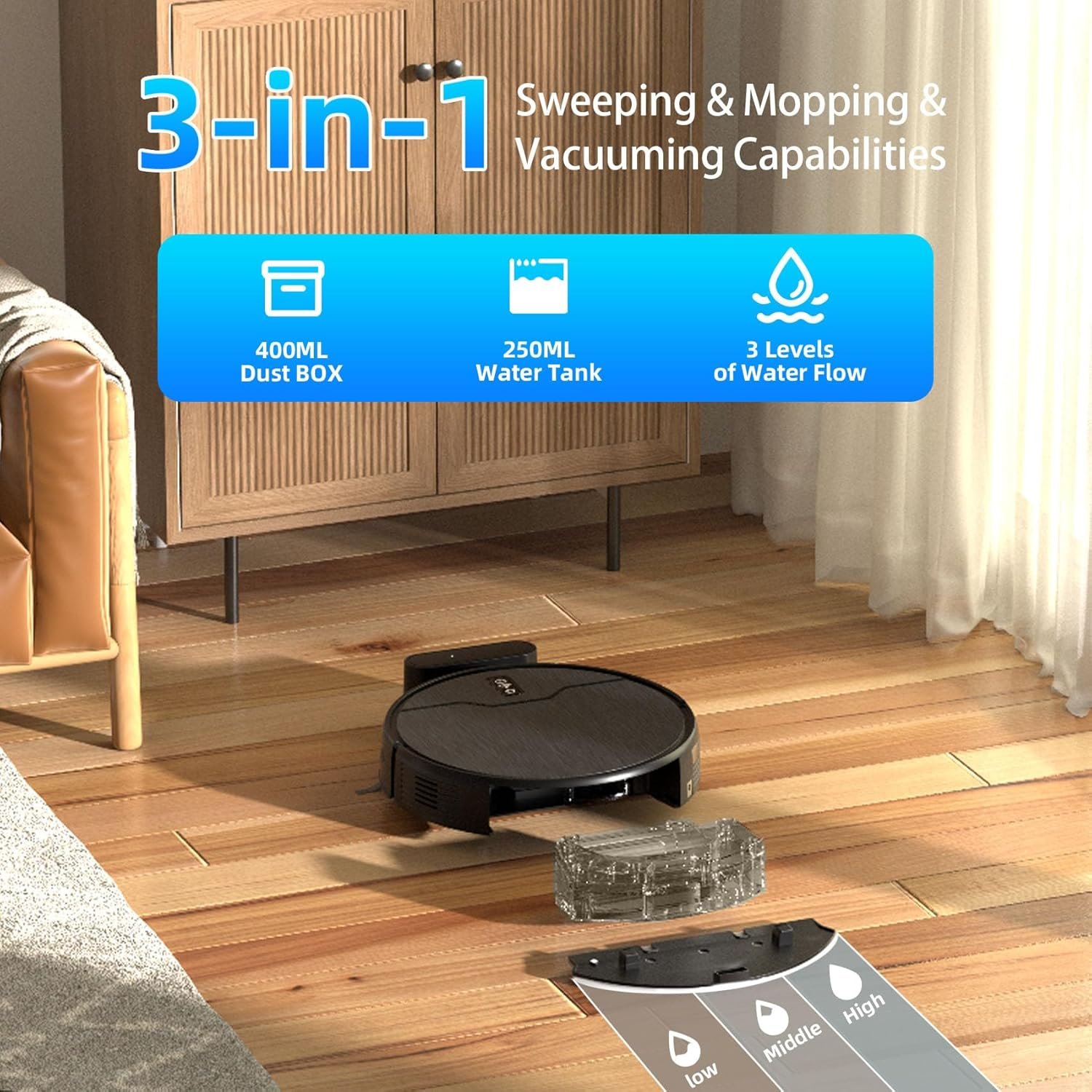 Robot Vacuum and Mop Combo, Robot Vacuum Cleaner, 6 Cleaning Modes, Large Capacity Water Tank Dustbin, Self-Charging, WiFi/App/Alexa, Ideal for Hard Floor, Carpet, Pet Hair - Image 2