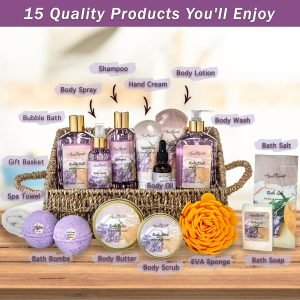 Bath Spa Gift Sets – Luxury Basket With Honey & Lavender – Spa Kit Includes Wash, Bubble Bath, Lotion, Bath Salts, Body Scrub, Body Spray, Shower Puff, Bathbombs, Soap and Towel