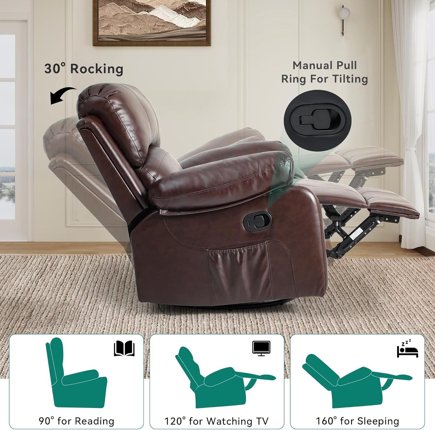 YITAHOME Recliner Chair, Big and Tall Rocking Chair for Adults,Swivel Recliner with Cup Holders,Heat and Massage,Single Sofa Seat with Side Pockets for Living Room/Bedroom,Brown - Image 4