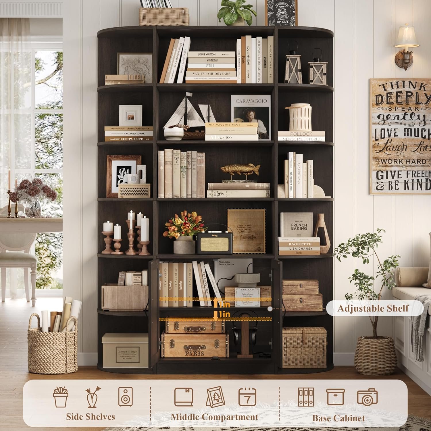 HOSTACK 75" Tall Book Shelf and Bookcase, 6 Tier Bookshelf with Storage, 47" Wide Bookcase with Doors, Freestanding Wood Display Shelves with Book Storage Cabinet for Home Office, Dark Brown - Image 5