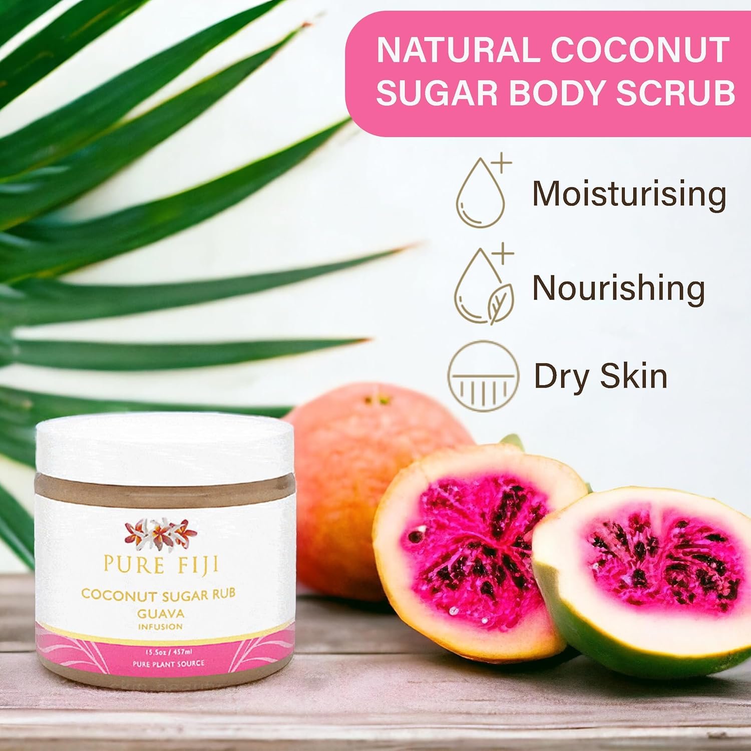 Pure Fiji Coconut Sugar Body Scrub - Body Exfoliator Scrub Natural Origin for Smooths and Softens Skin - Organic Exfoliating Sugar Scrub for Body, Guava, 15.5 Oz - Image 2