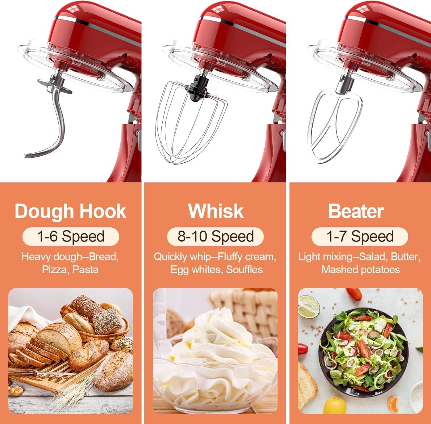 3-IN-1 Electric Stand Mixer, 6.5QT Bowl 660W 10-Speed Kitchen Mixer, Household Food Mixers include Dough Hook, Beater and Whisk, Bread Cake Mixer for Baking and Most Home Cooks, Red - Image 3