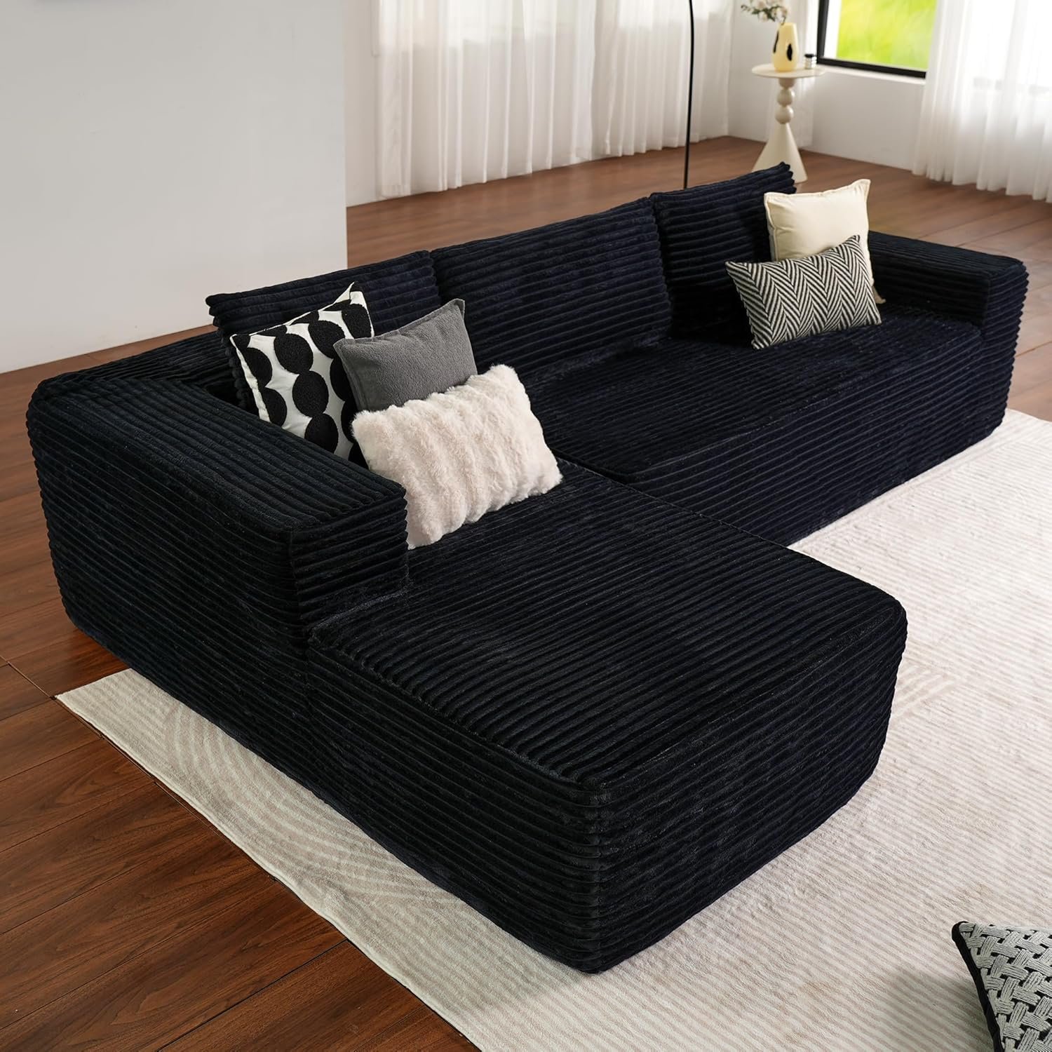 ovios 104" Cloud Sectional Couch with L-Shape Chaise,Modern Modular Sofa with Deep Seat, Upholstered Couches for Living Room Bedroom,No Assembly Required, Black (Plush Corduroy Fabric) - Image 7