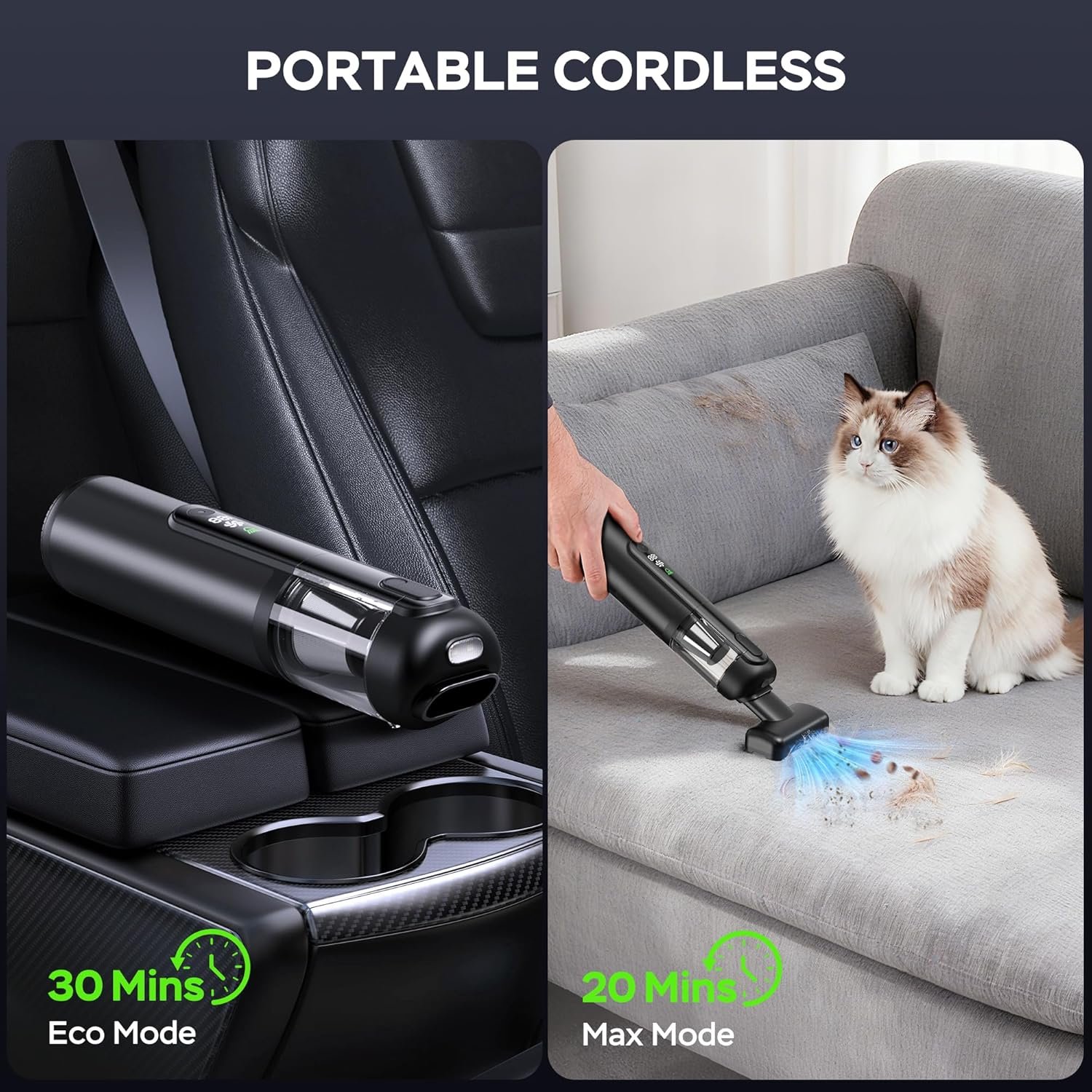 Portable Car Vacuum Cordless, 18000Pa 4-in-1 Suction Power Mini Vacuum Cleaner, 120W Brushless Motor Handheld Vacuum Cordless Rechargeable, 7800mAh Battery, LED Light, Multi-Nozzle for Car, Home, Pet - Image 6