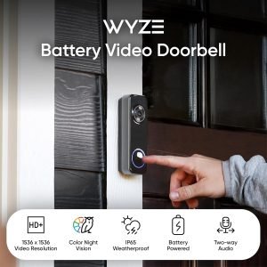 Wyze Battery Video Doorbell Wireless Camera, 1536×1536 HD+ with Color Night Vision, 2-Way Audio, 1:1 Head-to-Toe View, Person/Vehicle/Package Monitor, Wire-Free/Wired Option, 1 Minute Easy Setup