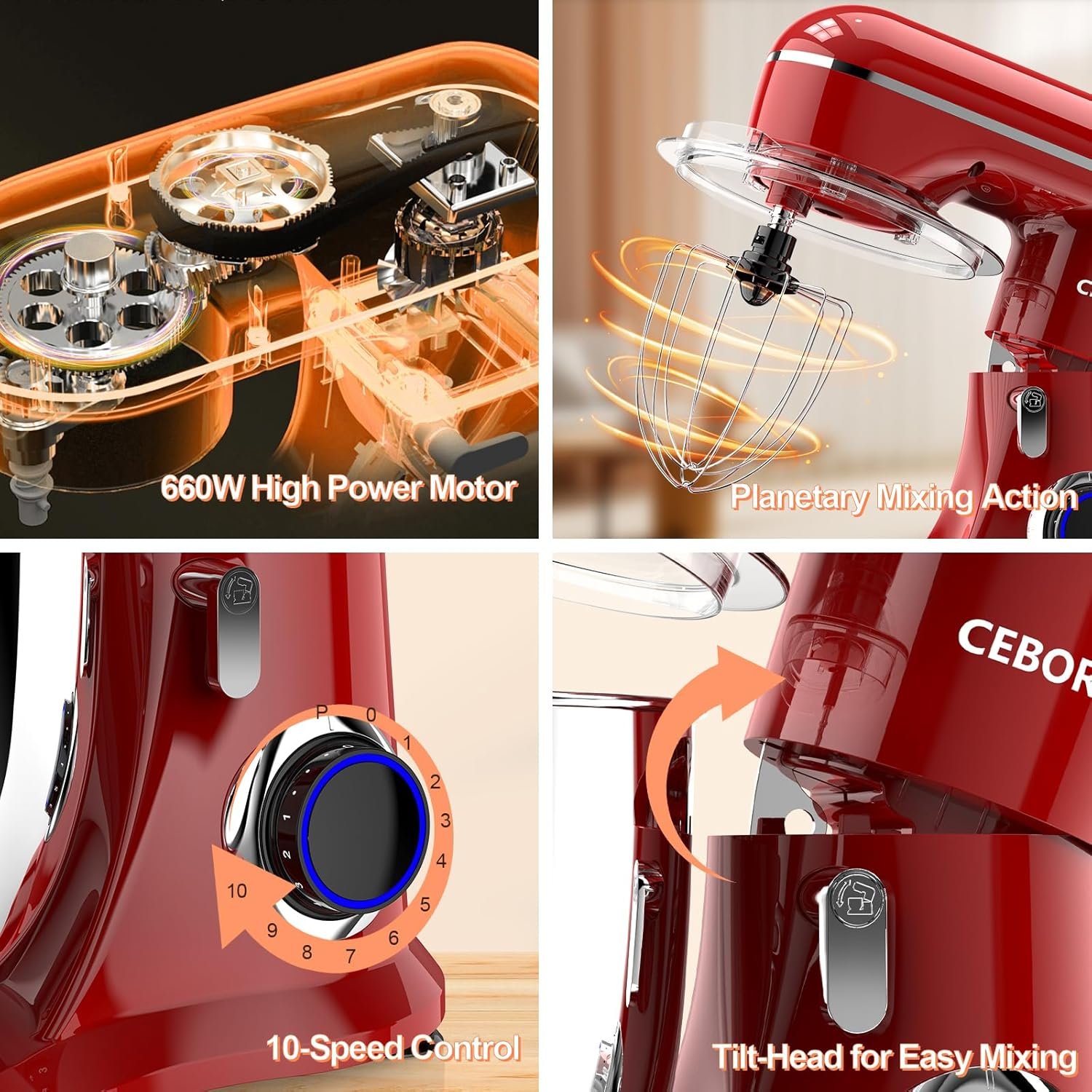 3-IN-1 Electric Stand Mixer, 6.5QT Bowl 660W 10-Speed Kitchen Mixer, Household Food Mixers include Dough Hook, Beater and Whisk, Bread Cake Mixer for Baking and Most Home Cooks, Red - Image 4