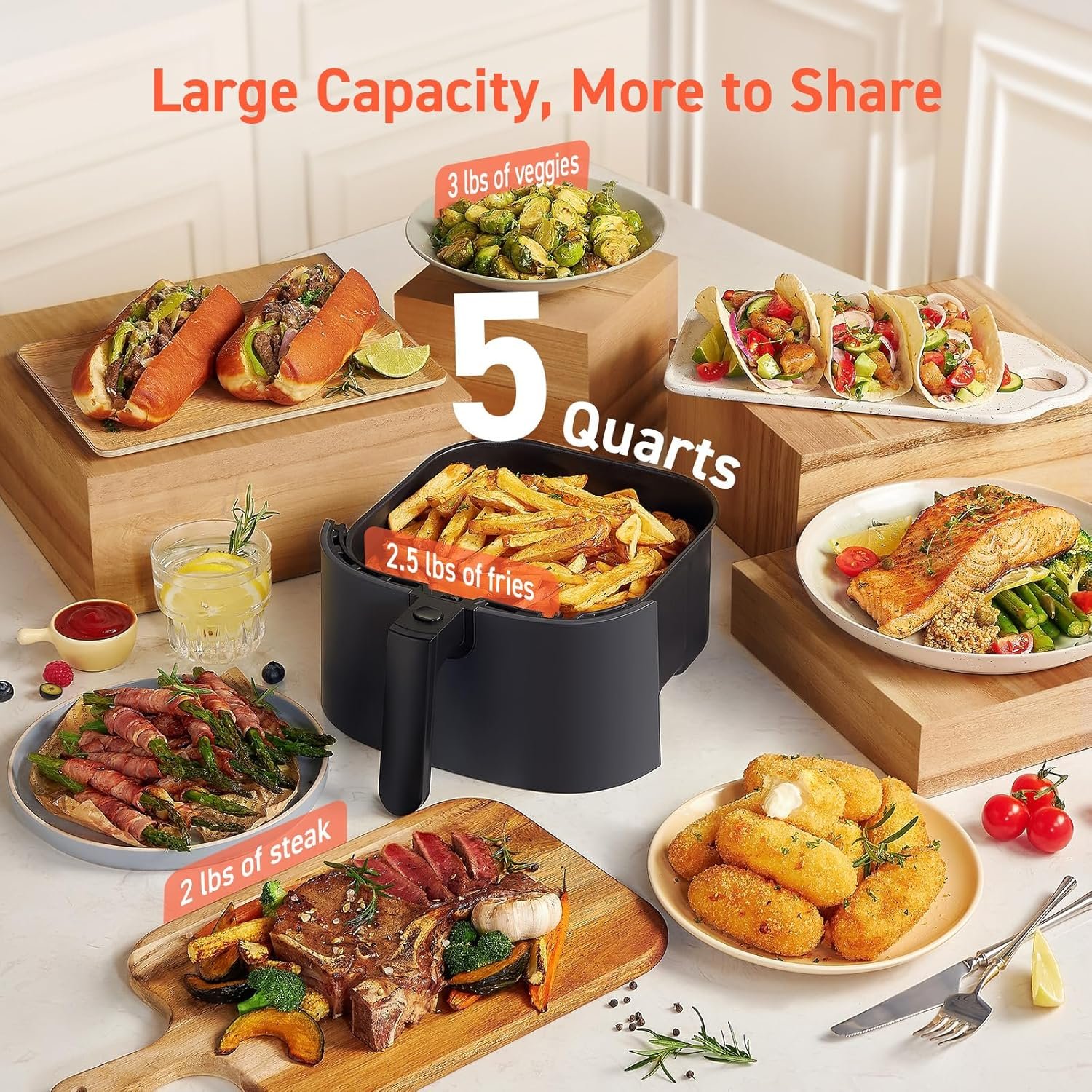 COSORI Air Fryer Pro 9-in-1, Compact 5QT, 450℉: Half Time & Chef-Grade Cook, One-Wipe Clean Glass Panel, 130+ In-App Recipes with Nutritional Info, Nonstick & Dishwasher-Safe Basket, Ceramic, Gray - Image 2