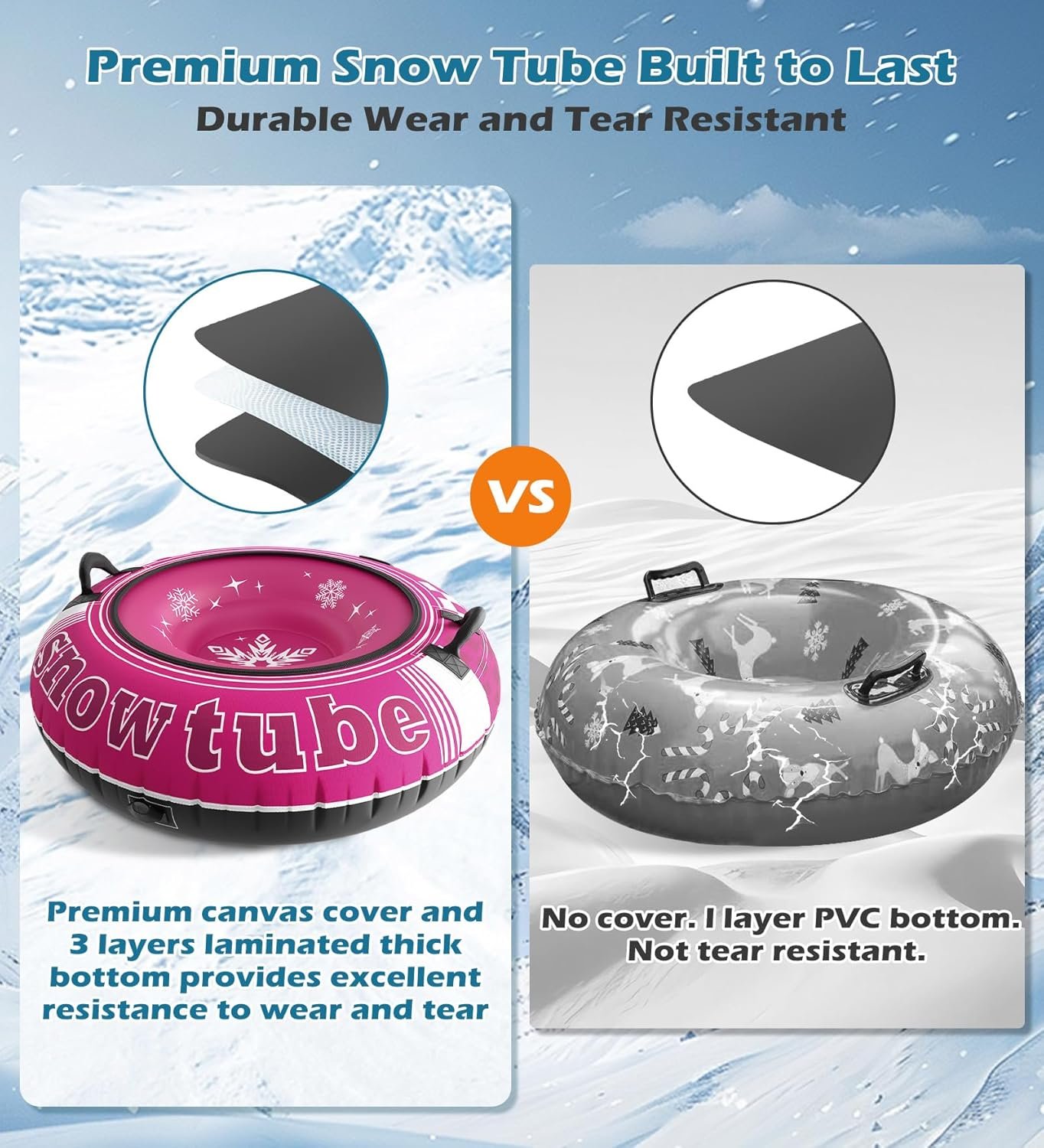 Jasonwell Inflatable Snow Tube Sled - Heavy Duty Snow Tubes for Sledding with Premium Canvas Cover for Kids Adults Snow Toy Fun Winter Outdoor Toys Christmas Birthday Gift for Boys Girls Children - Image 3