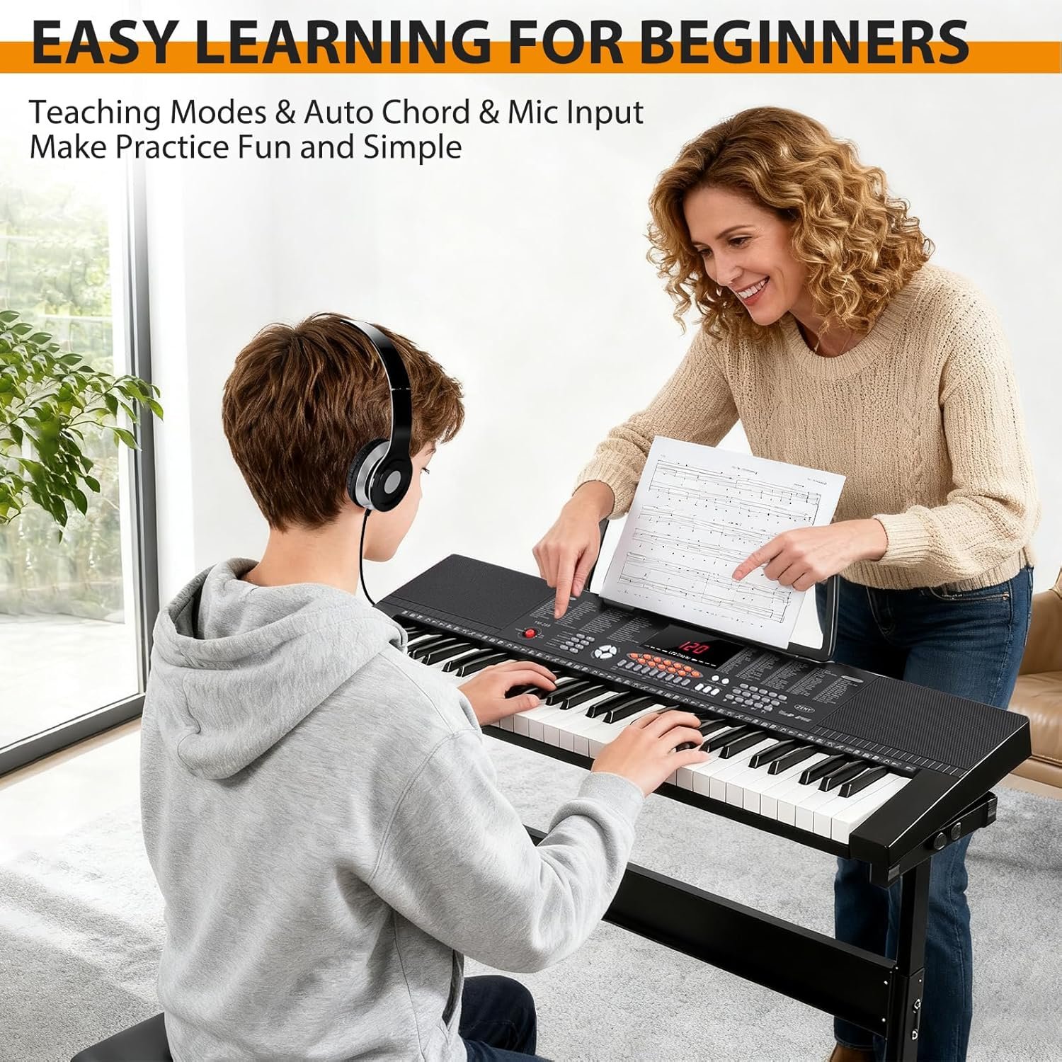 ZENY 61-Key Portable Electric Keyboard Piano with Built In Speakers, LED Screen, Headphones, Microphone, Piano Stand, Music Sheet Stand and Stool - Image 8