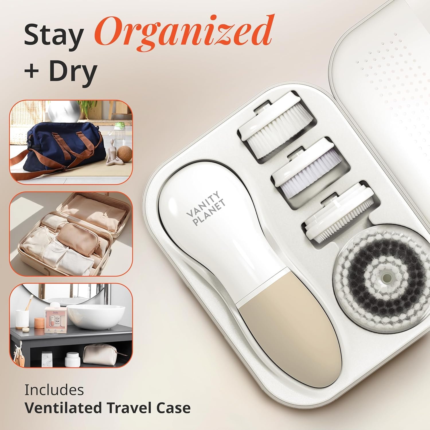 Raedia Handheld Facial Cleansing Brush with 4 Interchangeable Brush Heads by Vanity Planet - Lightweight Daily Cleansing Brush for Glowing Skin - Water Resistant Face Exfoliator - Warm Grey - Image 6
