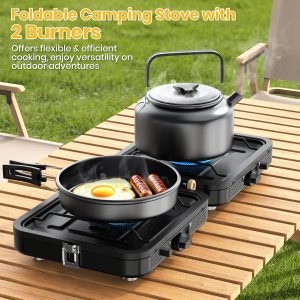 Camp Stove Propane, 2 Burner Folding Propane Camping Stove with Carrying Bag, Adjustable High Heat Burners & Piezo Push-Button Instant Ignition, Outdoor Tailgating, Backyard BBQ Camping Essentials