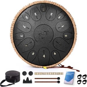 Steel Tongue Drum, 12 Inch 15 Note Tongue Drums, C Key Steel Percussion Instrument for Kid’s Adults, Handpan Drum with Drum Mallet, Music Book and Carry Bag (Black)