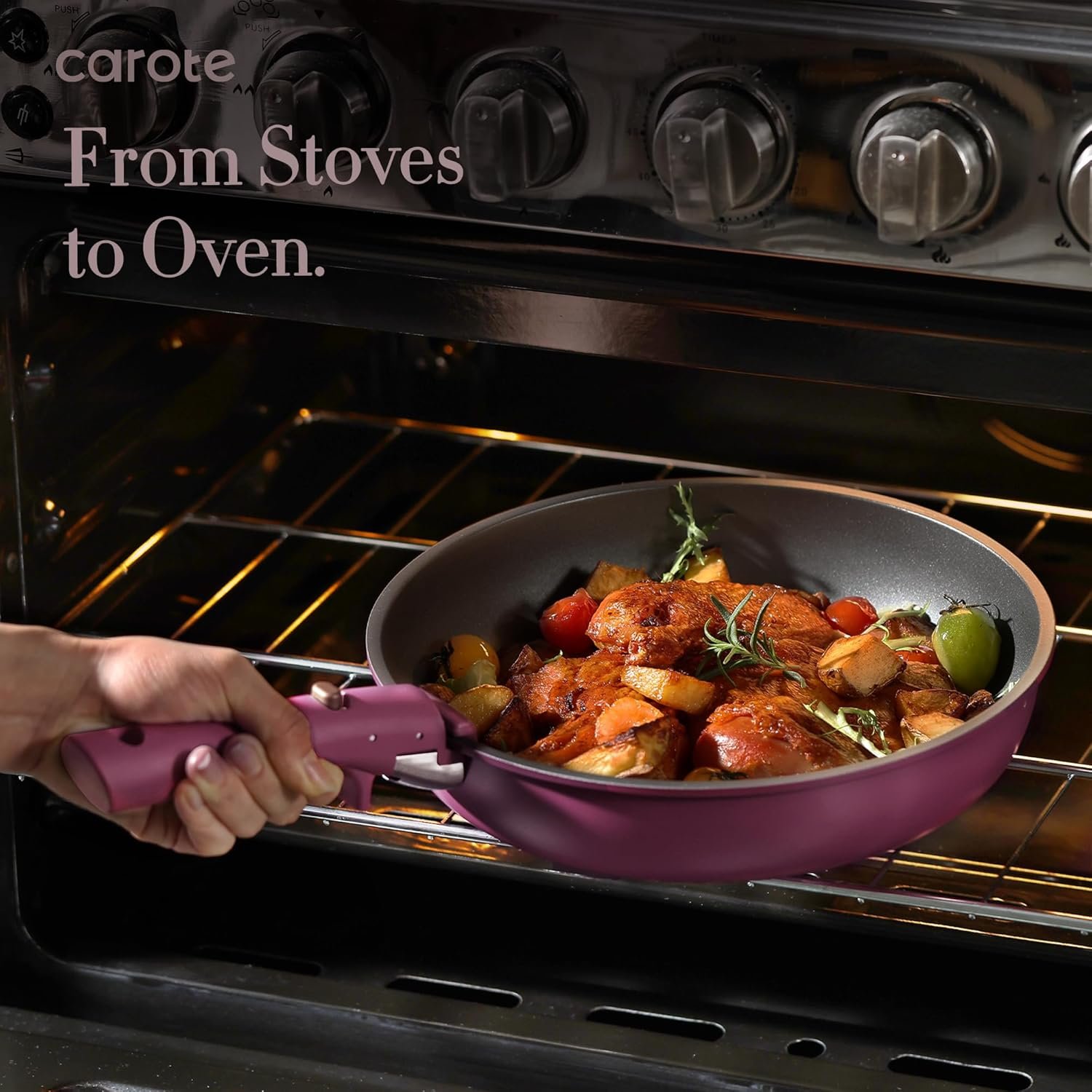 CAROTE 21pcs Pots and Pans Set, Nonstick Cookware Set Detachable Handle, Induction Kitchen Cookware Sets Non Stick with Removable Handle, RV Cookware Set, Gold and Purple - Image 5