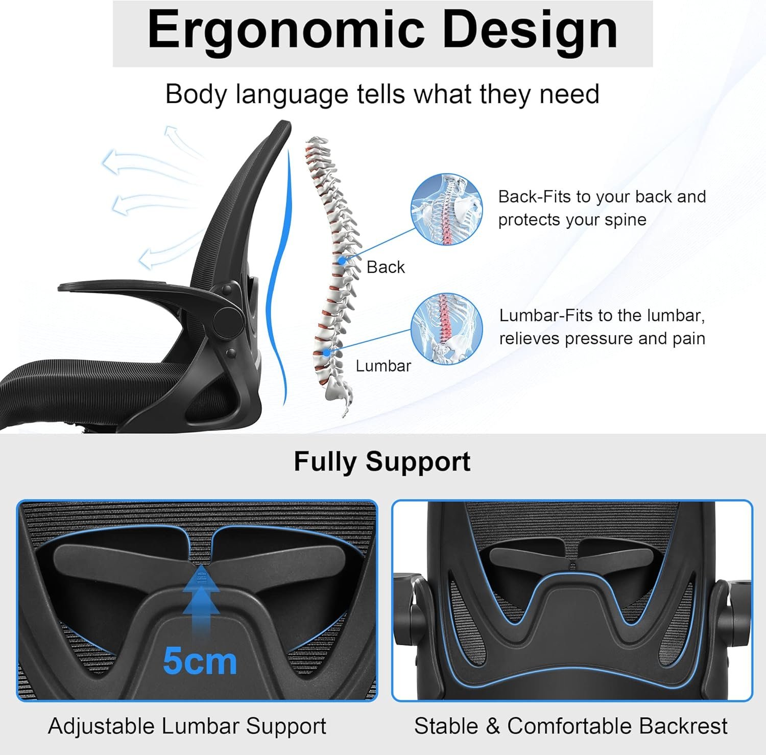 Primy Office Chair Ergonomic Desk Chair with Flip up Armrests Swivel Breathable Desk Mesh Computer Chair with Adjustable Lumbar Support and Height for Conference Room (Black) - Image 4