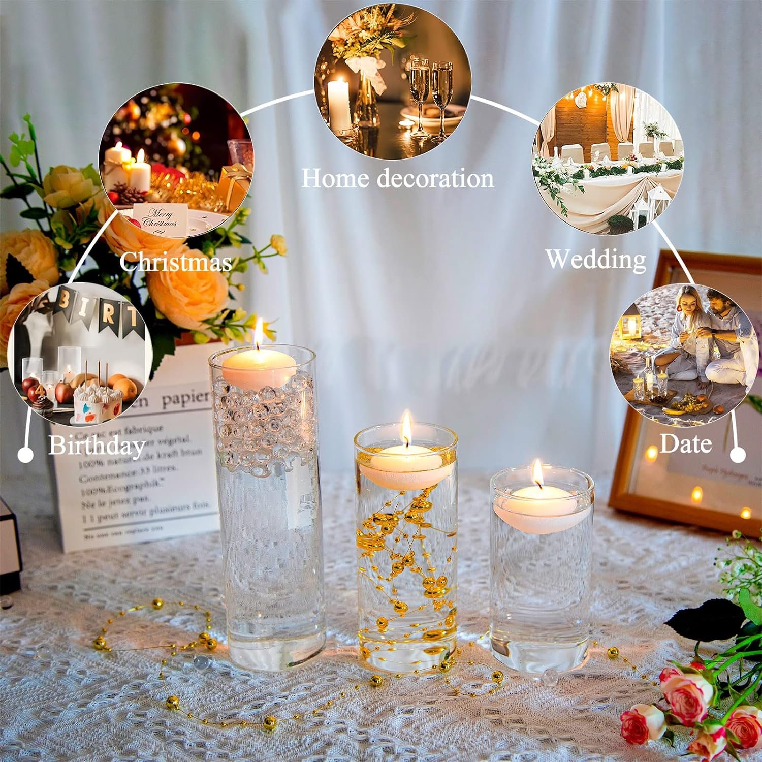 UDU 12 Set Glass Vases for Centerpieces with 24 White Floating Candles 80000 Vase Filler 6 Pearl String Party Event Home Wedding Centerpieces for Tables Decorations - Image 7