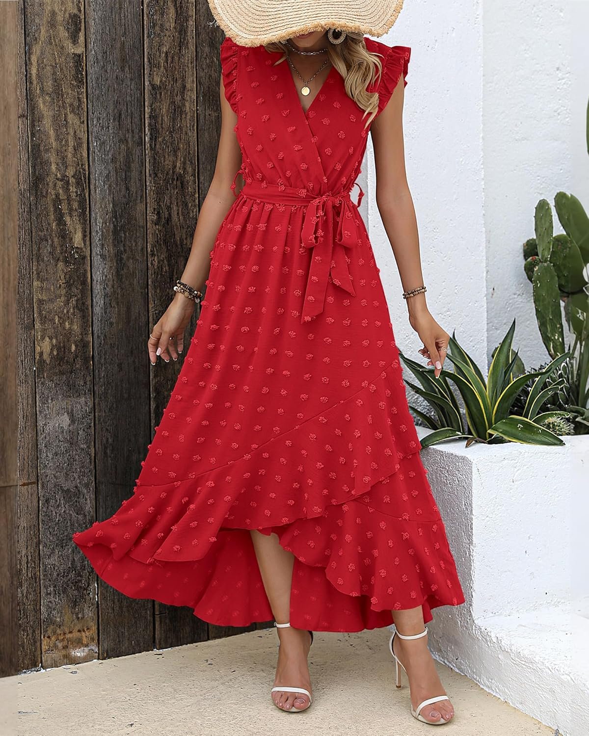 BTFBM Women V Neck Summer Dress 2025 Cap Sleeve Swiss Dot Boho Flowy Ruffle Slit Beach Party Long Maxi Cocktail Dresses - Image 3