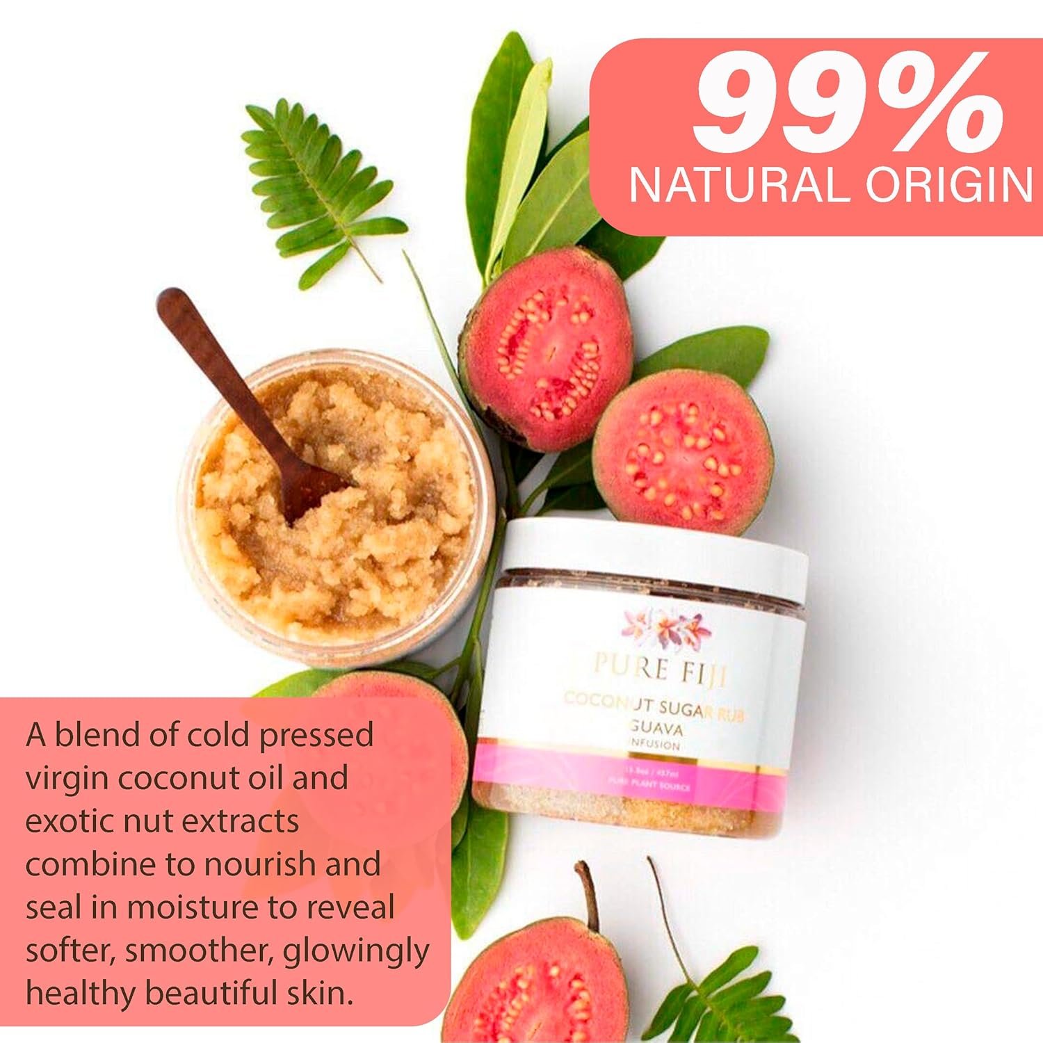 Pure Fiji Coconut Sugar Body Scrub - Body Exfoliator Scrub Natural Origin for Smooths and Softens Skin - Organic Exfoliating Sugar Scrub for Body, Guava, 15.5 Oz - Image 5