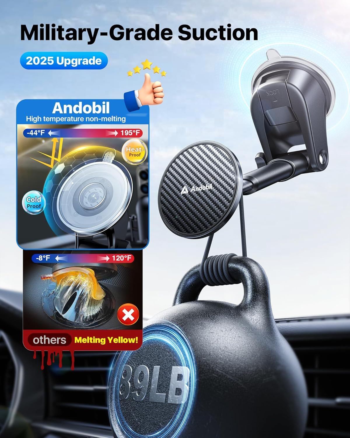 【True Military-Grade】andobil 3 in1 Magnetic Phone Holder for Car Dashboard Windshield Vent 【Upgrade Suction & Strongest Magnet】Retractable for MagSafe Car Mount for iPhone 17 16 15 14 Pro Max Sumsung - Image 2