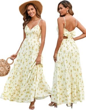 HTZMO Women Casual Summer Floral Maxi Sundress V Neck Spaghetti Strap Bow Tie Backless Flo...