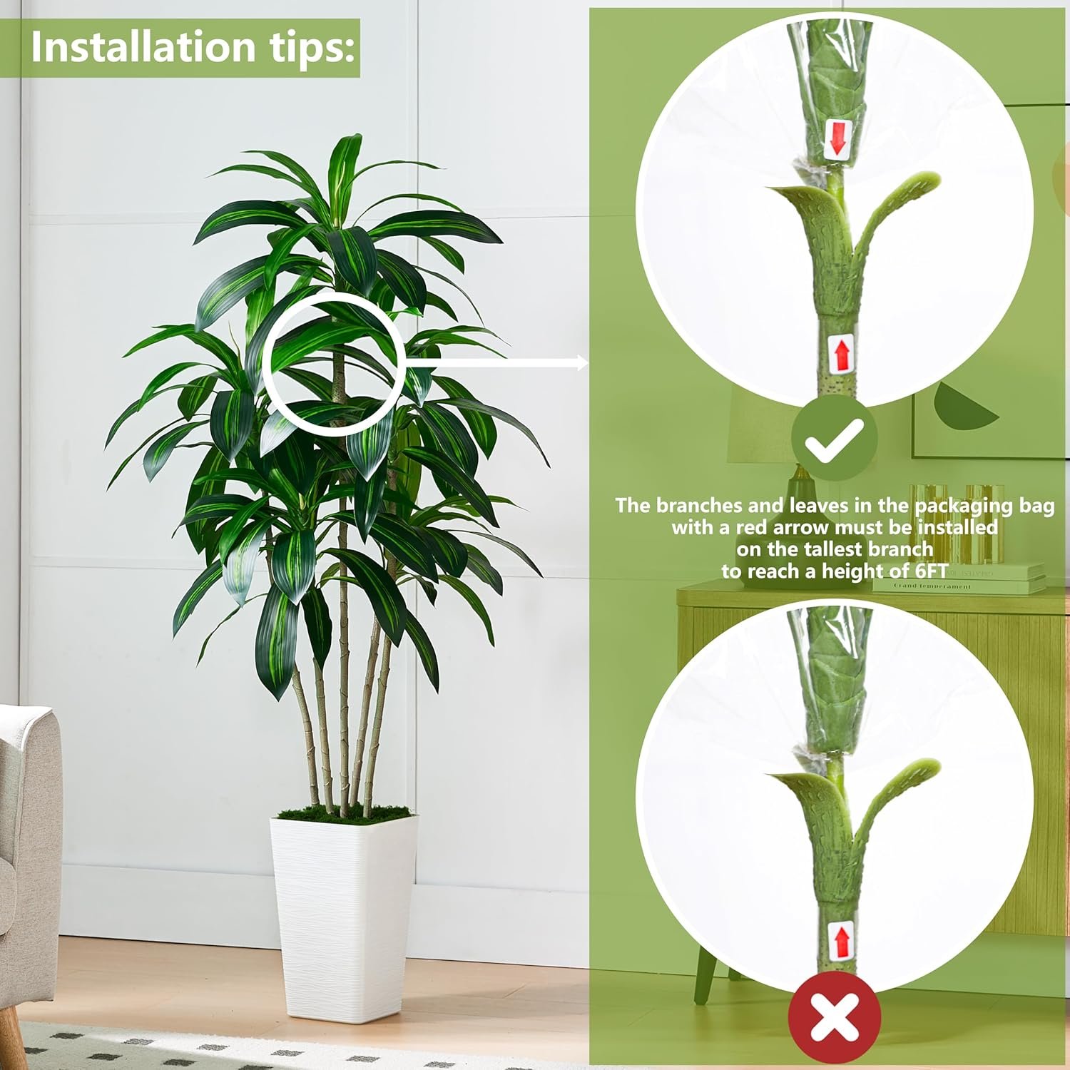 Artificial Dracaena Tree-6FT Tall Fake Plants with White Tall Planter-Artificial Plants Indoor Floor Plant in Pot-Large Tropical Fake Yucca Potted Tree for Home Office Living Room Decor - Image 4