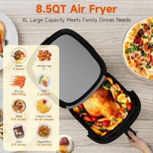 Kitchen Elite Air Fryer Stainless Steel with View Window, XL 8.5QT Large Airfryer, 8-in-1 ...