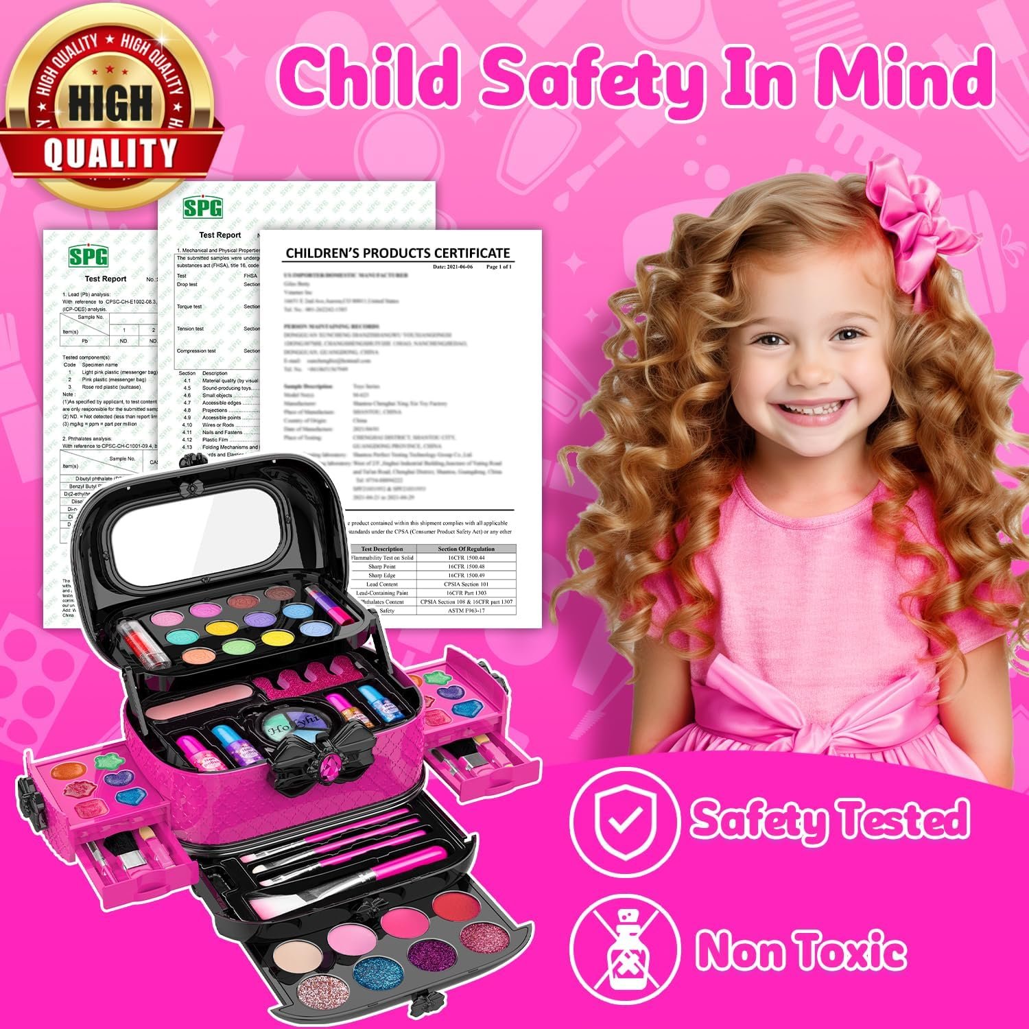 Hollyhi 58 Pcs Kids Makeup Kit for Girl, Princess Toys Real Washable Cosmetic Set with Mirror, Kids Makeup Sets for Girls, Play Make Up Birthday Gifts for 3 4 5 6 7 8 9 10 11 12 Years Old Kid (Rose) - Image 5