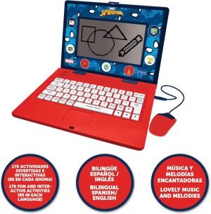 Lexibook, Spider-Man, Bilingual and Educational Laptop Spanish/English, Toy for Children, 170 Activities to Learn, Play Games and Music, Large Screen, Blue/Red, JC599SPi2