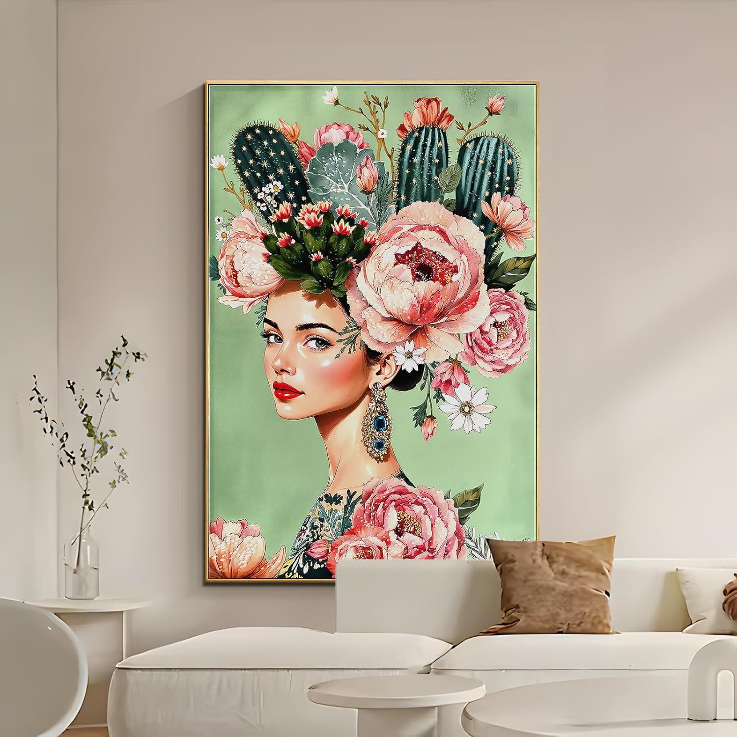 YPGEAME Large Handmade Portrait Wall Picture Woman with Cactus Headdress, Emerald Green Background, Floral Bohemian Decoration, Wooden Framed Painting for Living Room (80 × 120 cm) (Pink) - Image 8