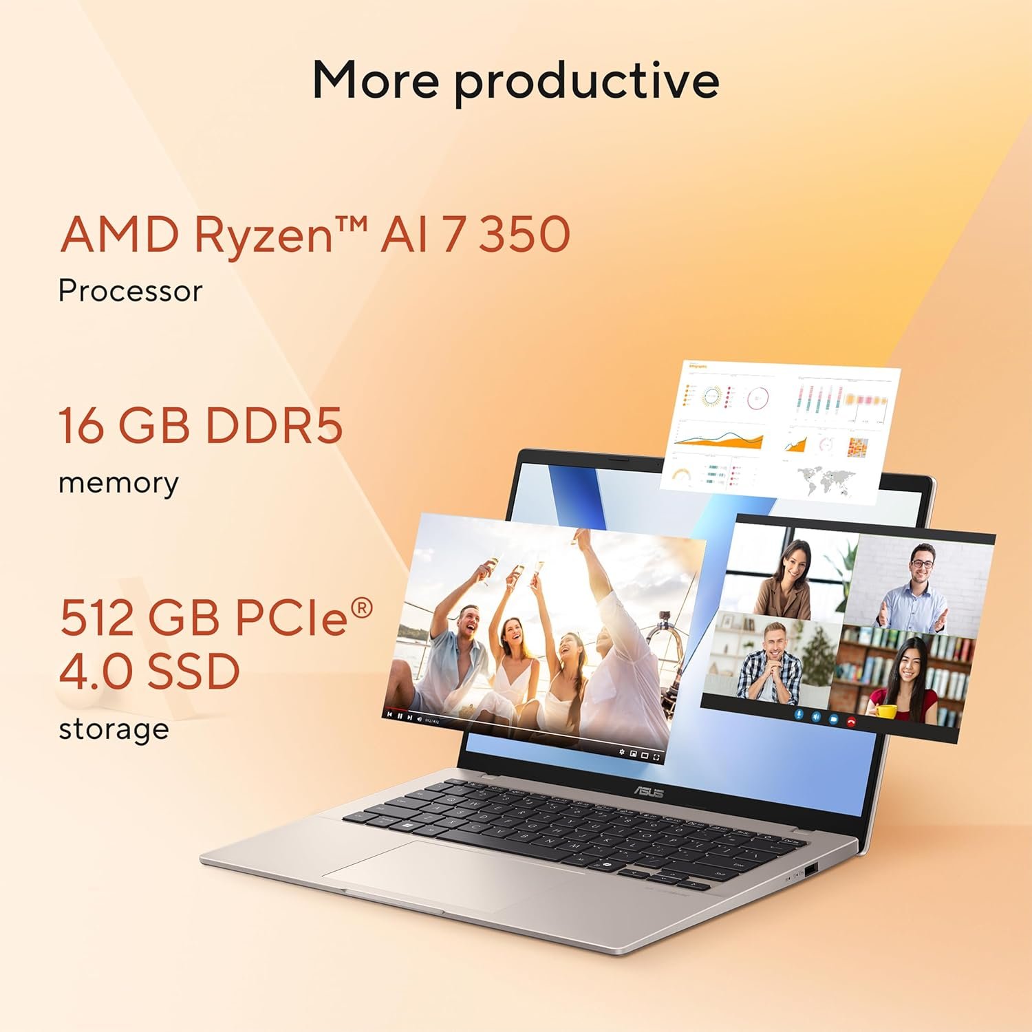 ASUS Vivobook 14 Laptop, Copilot+ PC, 14” WUXGA 60Hz Display, AMD Ryzen AI 7 350 with XDNA NPU, AMD Radeon Graphics, 16GB RAM, 512GB SSD, Platinum Gold, M1407KA-PS74 - Image 5