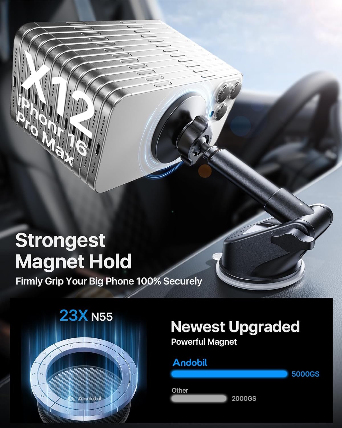 【True Military-Grade】andobil 3 in1 Magnetic Phone Holder for Car Dashboard Windshield Vent 【Upgrade Suction & Strongest Magnet】Retractable for MagSafe Car Mount for iPhone 17 16 15 14 Pro Max Sumsung - Image 4