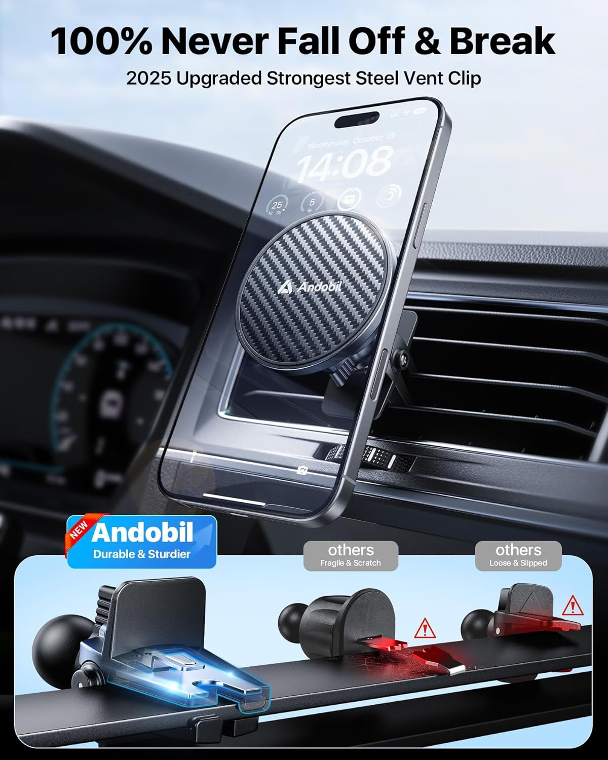 【True Military-Grade】andobil 3 in1 Magnetic Phone Holder for Car Dashboard Windshield Vent 【Upgrade Suction & Strongest Magnet】Retractable for MagSafe Car Mount for iPhone 17 16 15 14 Pro Max Sumsung - Image 9