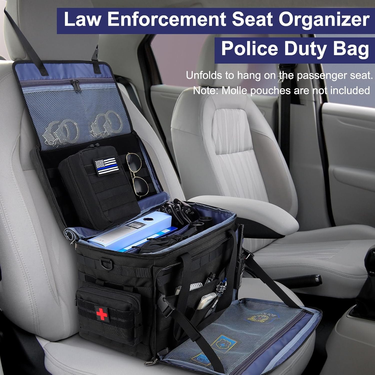 Patrol Bag Law Enforcement Police Gear Bag, Car Front Seat Organizer Tactical Officer Duty Bags, Police Car Accessories for Passenger Seat, Multiple Compartment Molle Webbing Removable Shoulder Strap - Image 4