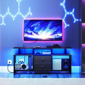 TV Stand with LED Light and Power Outlets, Entertainment Center with Fabric Drawers and Open Shelves, 41.7″ TV Cabinet for TVs up to 45 Inch, Media Console for Living Room, Bedroom, DS03UDBB
