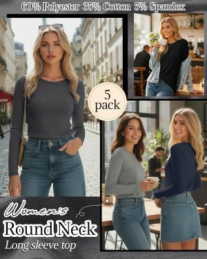 Huukeay 5 Pack Women’s Crew Neck Long Sleeve Shirts, Cotton Blend Casual Clothes Workout Basic Layering Tee Tops Multipack
