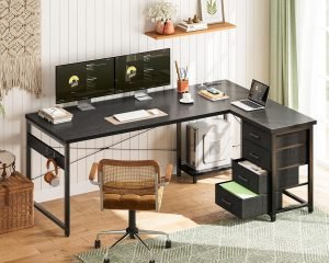 AODK L Shaped Gaming Desk with 4 Drawers, 61″ Reversible Home Office Desks with Power Outlets, L Shaped Computer Desk with USB Charging Port and Host Stand, Corner Desk, Easy to Assemble, Black