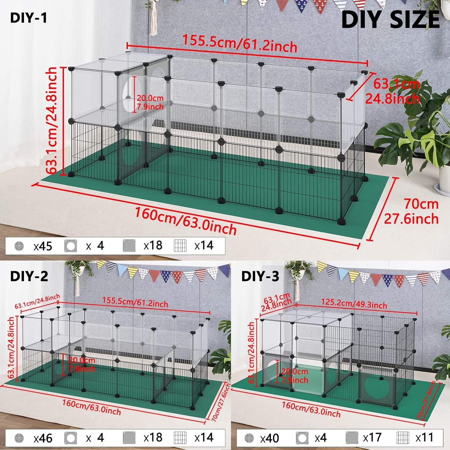 DINMO Small Animal Playpen with Oxford Mat, 24 inches Height, Pet Exercise Fence, Home Protector, Iron Mesh and Plastic Combination, Visualization, DIY, Games Hole Series, 60.2 x 24.8 x 24.8inch - Image 5