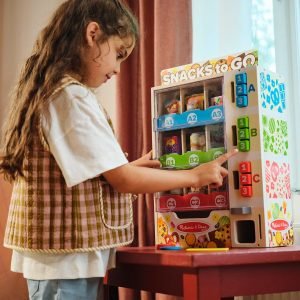 Melissa & Doug Sort-Stock-Select Wooden Vending Machine Toy with Play Food, Mini Vending Machine Toys & Play Money, Preschool Toys for Kids Ages 3+