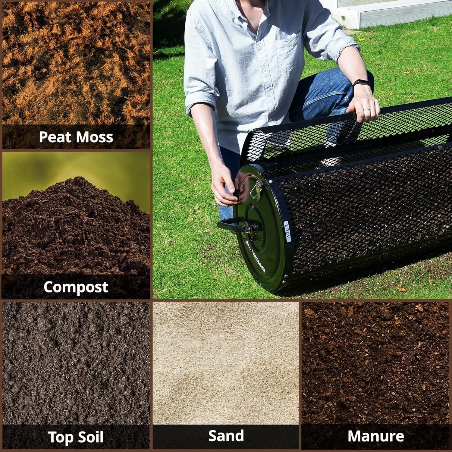 Compost Spreader 44 Inch Towable Peat Moss Spreader with Installation Accessories, Metal Mesh Roller Lawn Spreader for Top Soil, Manure, Mulch, Top Dressing - Garden spreaders for lawns - Image 7