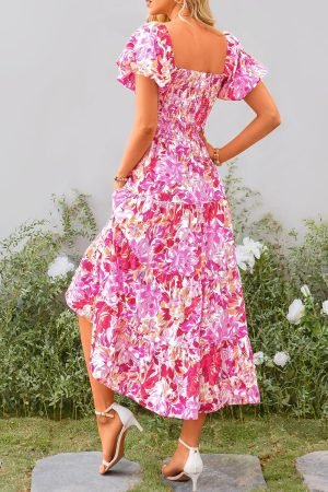 PRETTYGARDEN Women’s Casual Summer Midi Dress Puffy Short Sleeve Square Neck Smocked...