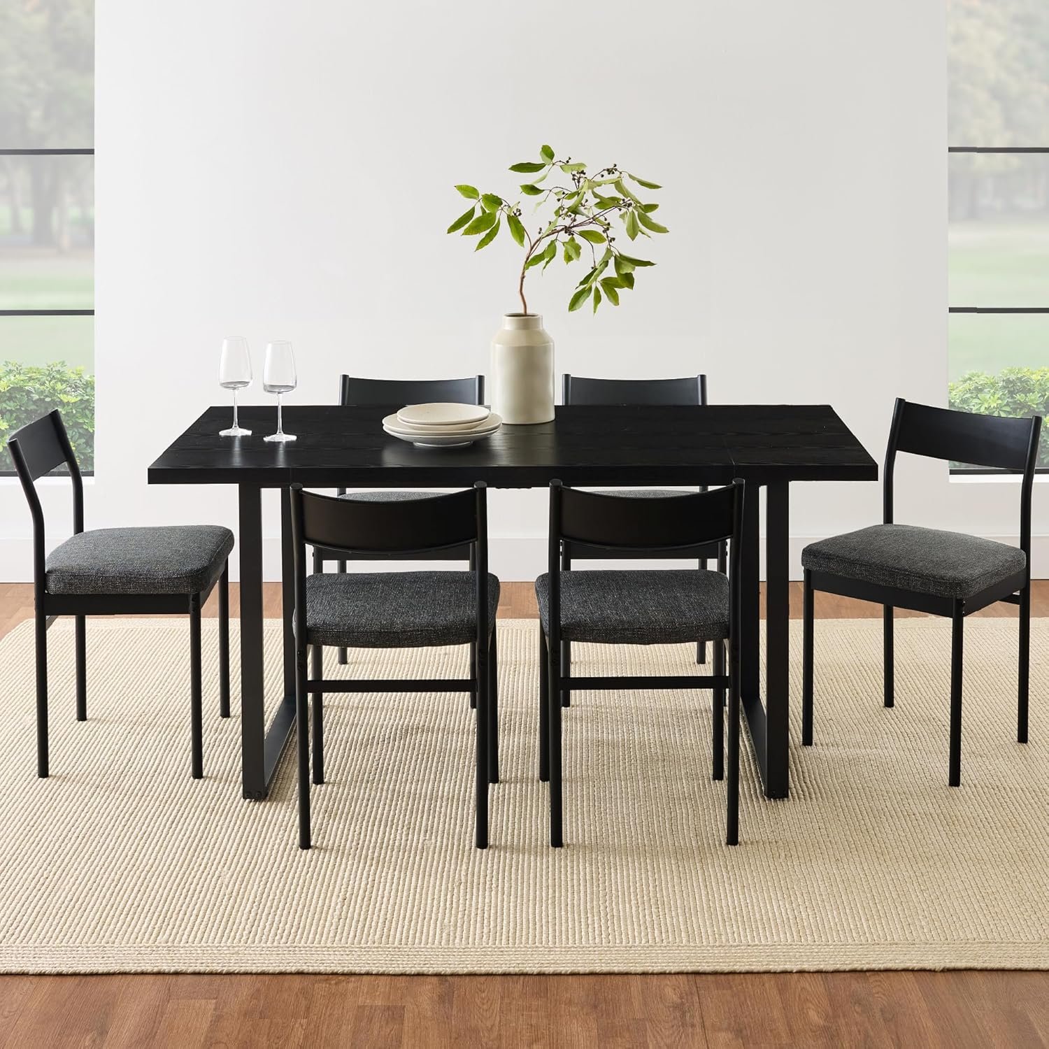 Best Choice Products 7-Piece Modern Dining Room Set, Kitchen Table Set, Dining Table w/ 6 Chairs, Upholstered Cushions, Solid Metal Frame, Curved Backrest - Black/Gray - Image 8