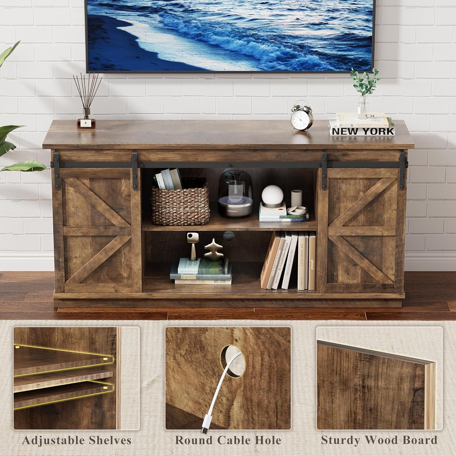 YESHOMY TV Stand for Televisions up to 65 Inches, with Sliding Barn Doors and Storage Cabinets, Console Table and Media Furniture for Living Room, 58 Inch, Barnwood - Image 6