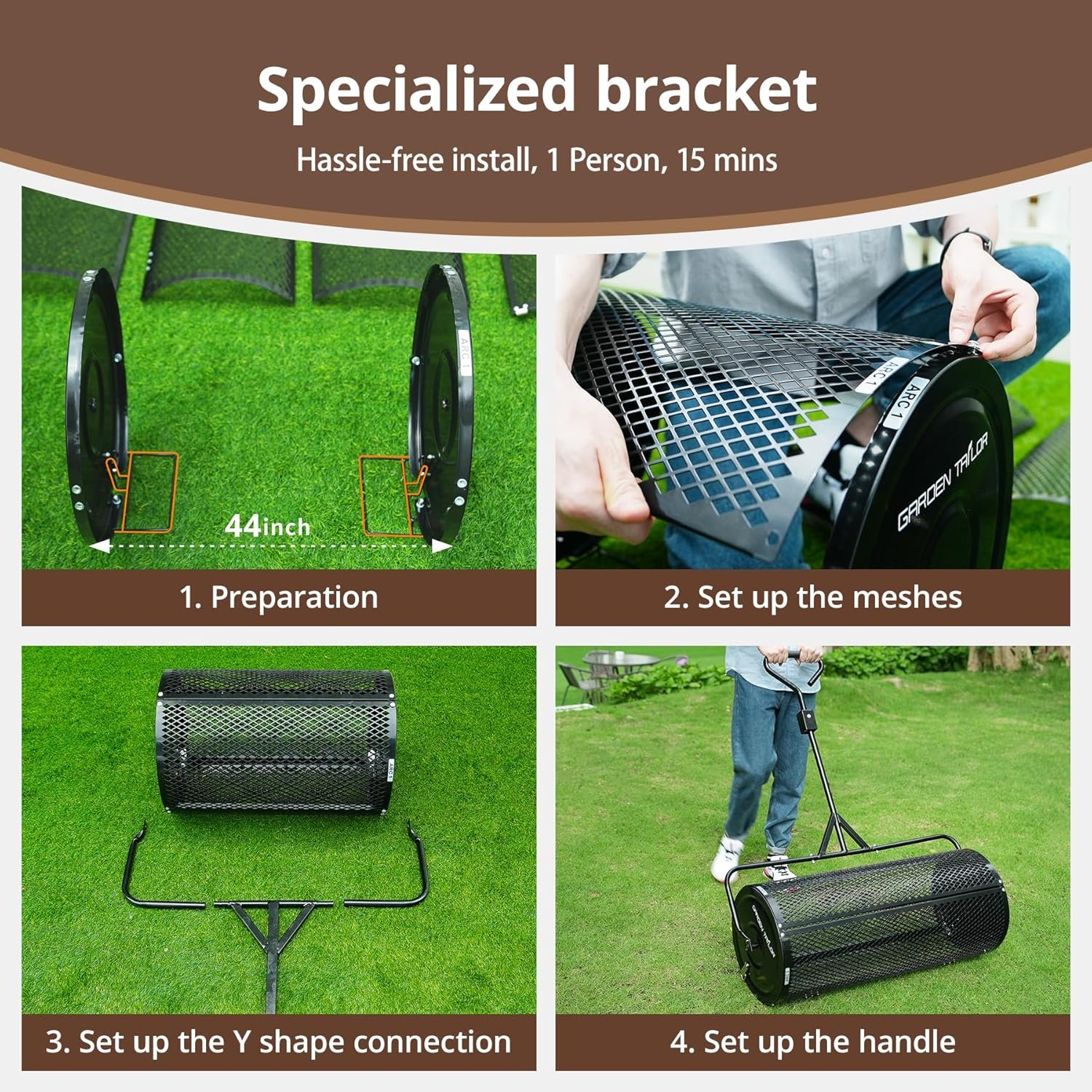 Compost Spreader 44 Inch Towable Peat Moss Spreader with Installation Accessories, Metal Mesh Roller Lawn Spreader for Top Soil, Manure, Mulch, Top Dressing - Garden spreaders for lawns - Image 5