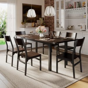 iPormis 7 Pieces Dining Table & Chairs Set for 4-6, 63″ Extendable Kitchen Table and 6 Chairs, Dining Room Table with MDF Board & Metal Frame, Perfect for Small Space, Easy Clean, Espresso