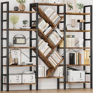 70×70″ Triple 5 Tier Book Shelf, Large Wooden Bookcase with 17 Open Display Shelf, Modern Tree Bookshelf Metal Frame Tall Book Case Furniture for Living Room Bedroom Home Office Rustic Brown
