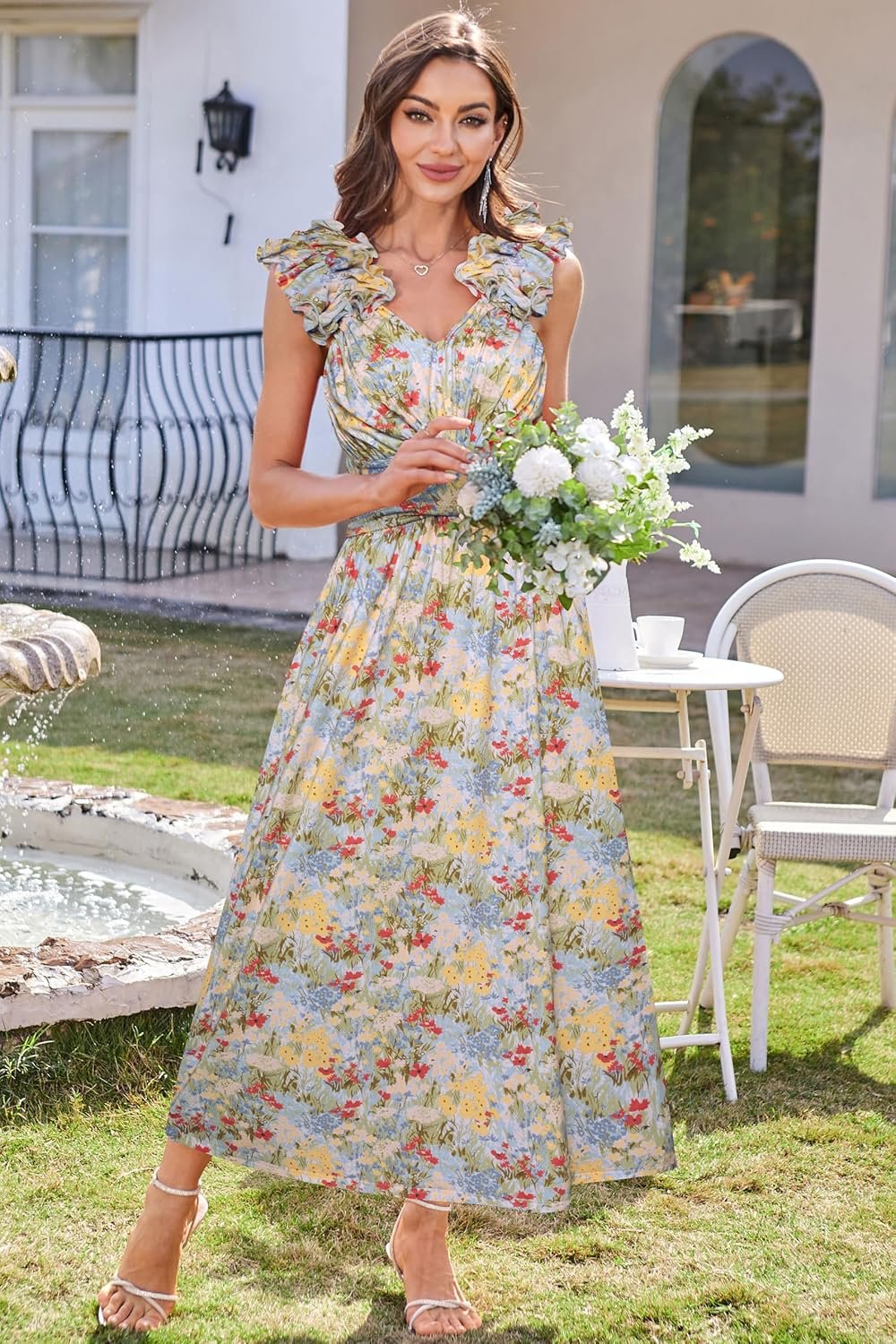 GRACE KARIN 2025 Women's Summer Floral Print Dress Sleeveless Casual Flowy Sundress A Line Ruffle Wedding Guest Outfit - Image 2