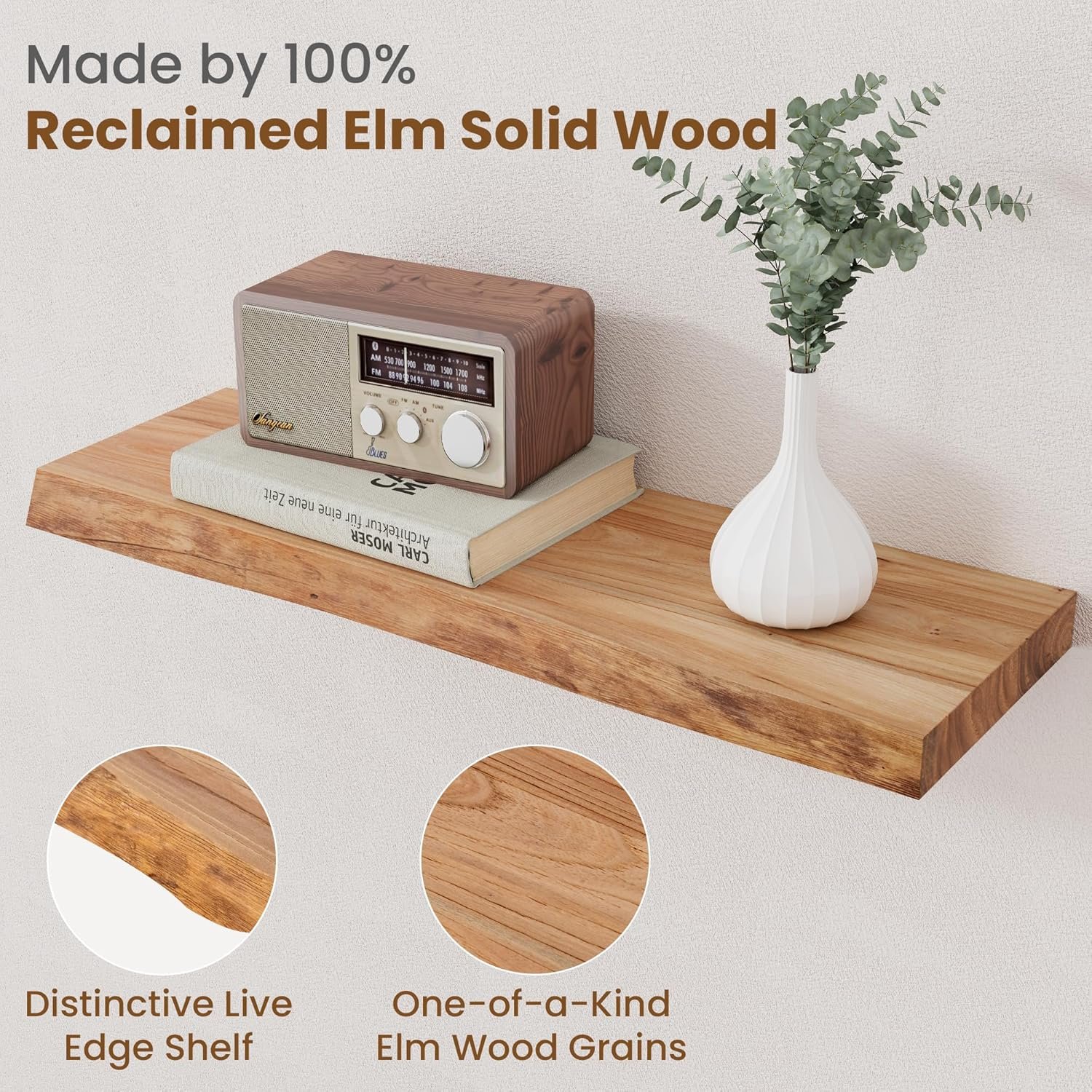 Floating Shelves for Wall Decor, Rustic Solid Elm Wood Live Edge Floating Shelves Wall Mounted, Wall Shelves with Invisible Bracket for Living Room Bathroom Bedroom Kitchen, 24 Inch Set of 2, Natural - Image 3