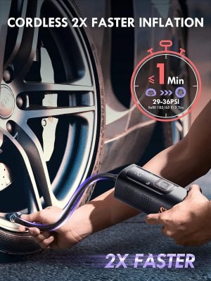 Tire Inflator Portable Air Compressor – Powerful 160PSI & 2X Faster, Accurate Pressure LCD Display, Cordless Easy Operation – Portable Air Pump for Car, Motorcycle, E-Bike, Ball